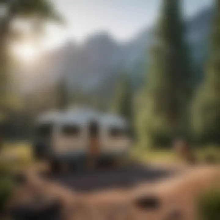 Scenic backdrop of a small camper parked in a natural setting