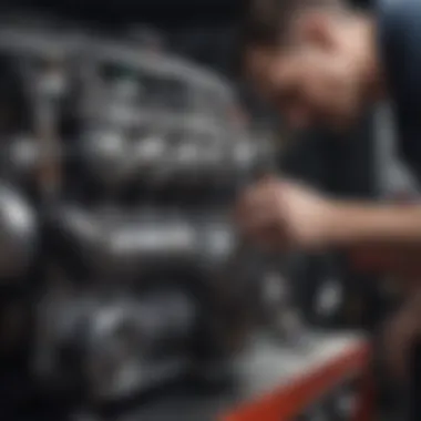 A classic car with a mechanic inspecting its engine.