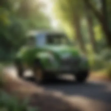 Eco-Friendly Vehicle in Nature An eco-friendly vehicle surrounded by greenery, highlighting environmental considerations.