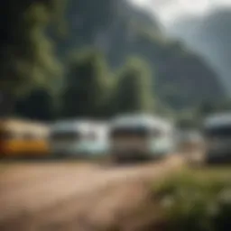 Different types of campers lined up in a scenic setting