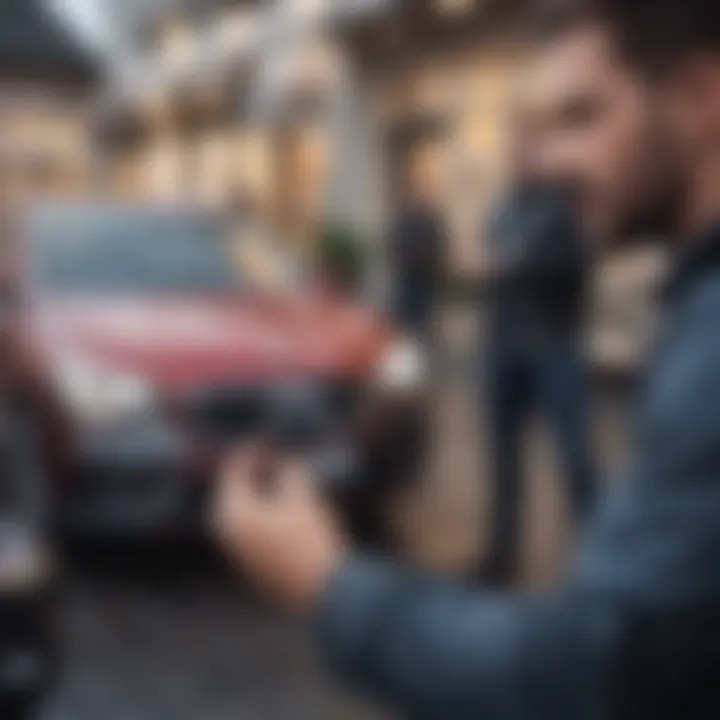 A satisfied buyer receiving car keys from a dealer