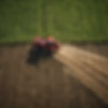 An aerial perspective of the tractor in action within a sprawling field, demonstrating its agricultural utility