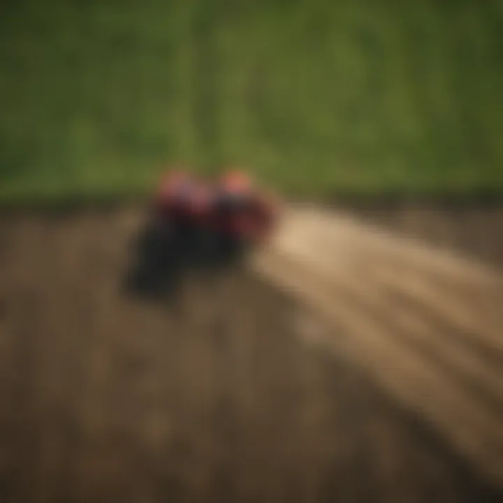 An aerial perspective of the tractor in action within a sprawling field, demonstrating its agricultural utility