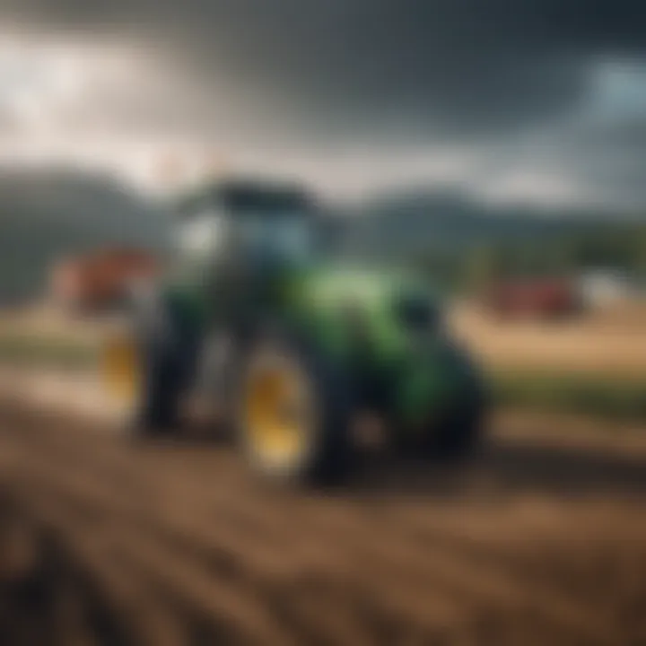 A comparison image juxtaposing the largest tractor with standard farming equipment to illustrate its massive scale