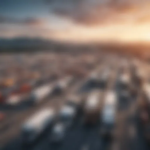 A panoramic view of a bustling logistics hub with big rigs lined up for loading.