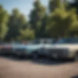 A diverse lineup of second-hand American cars parked in a scenic environment