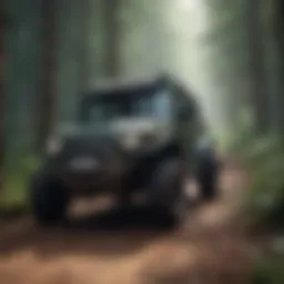 A rugged off-road vehicle navigating through a dense forest trail