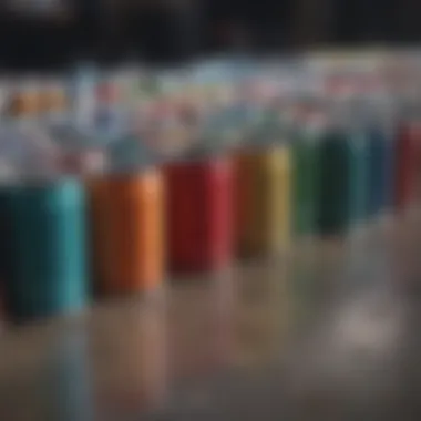 Colorful paint cans arranged neatly beside a vehicle