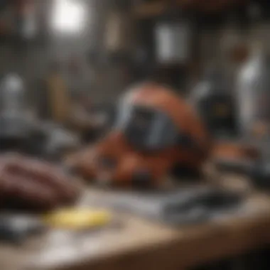 Safety gear including mask, goggles, and gloves placed on a workbench