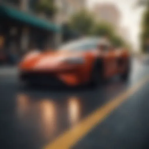 Dynamic view of a sleek sports car speeding on a winding road