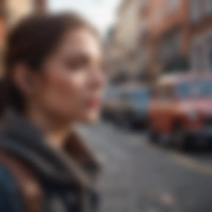 A group of travelers using translator earbuds at a tourist destination.