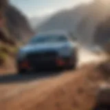A high-performance car racing on a rugged terrain