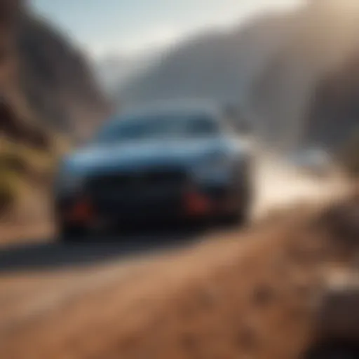A high-performance car racing on a rugged terrain