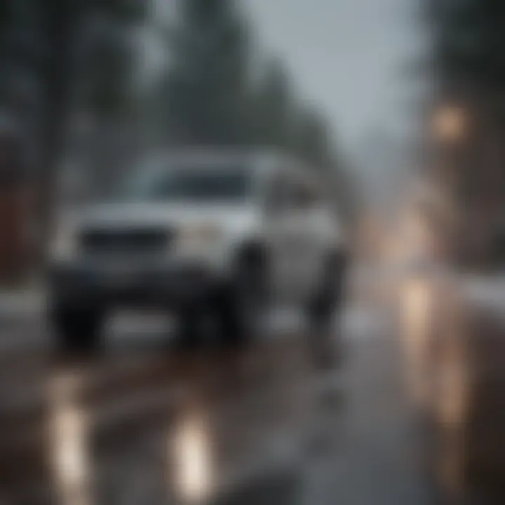 A small SUV navigating through adverse weather conditions with suitable tires.