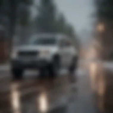 Small SUV in Adverse Weather Conditions A small SUV navigating through adverse weather conditions with suitable tires.