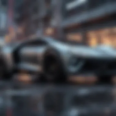 Futuristic Vehicle Featuring Solid Tires A futuristic vehicle equipped with solid tires in an urban setting