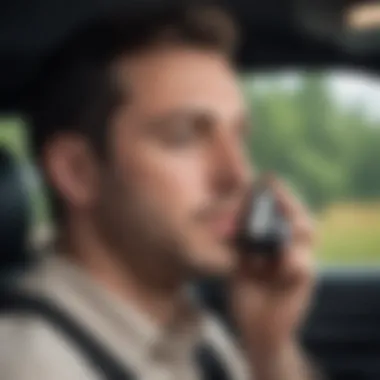 Driver Utilizing Breathalyzer A driver using a breathalyzer device before starting a vehicle