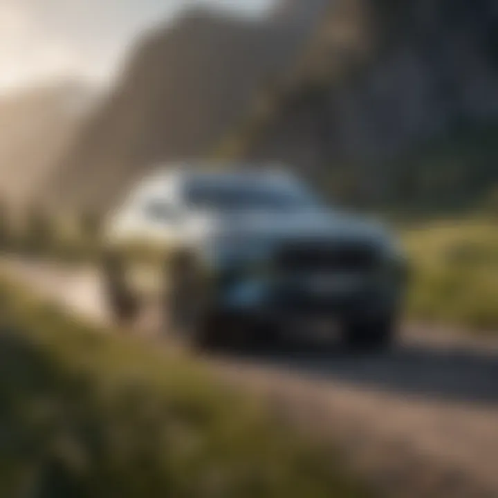 A hybrid SUV driving through a scenic landscape