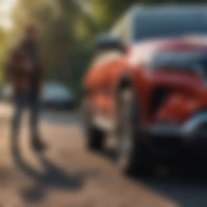 Driver examining features of a new SUV model, looking for practicality and efficiency