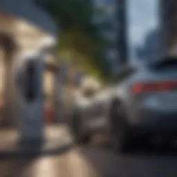 A futuristic electric vehicle charging station in an urban setting