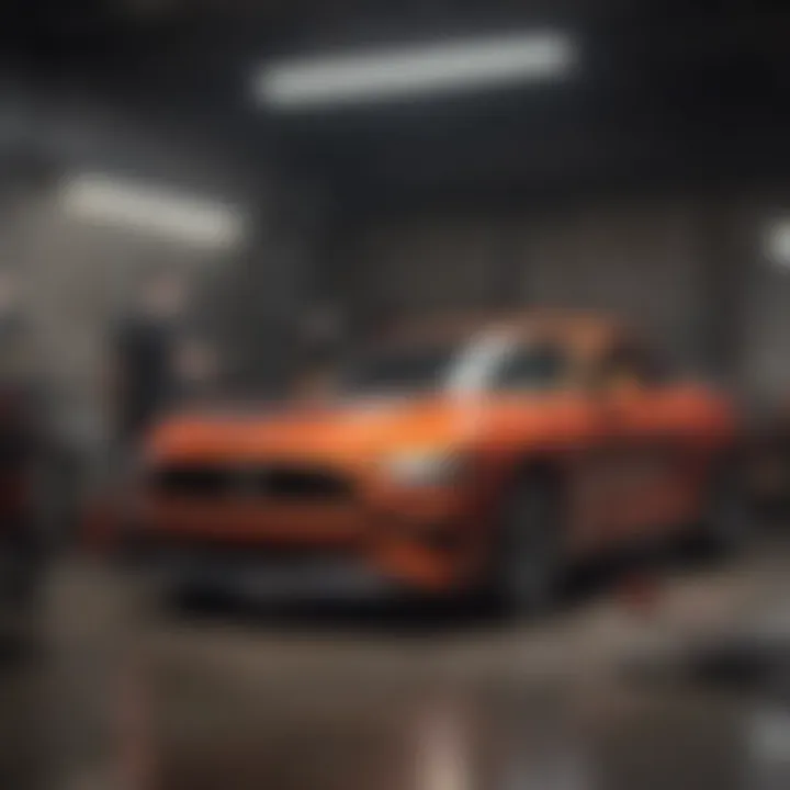 Mechanic diagnosing a Ford Mustang with diagnostic tool