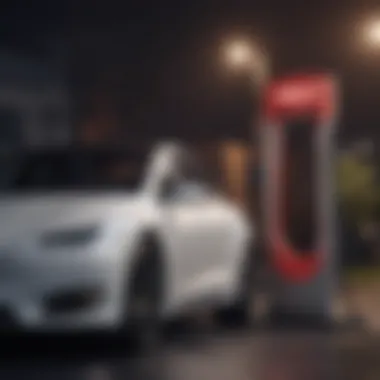 Tesla Connection to Supercharger Close-up view of a Tesla vehicle connected to a Supercharger
