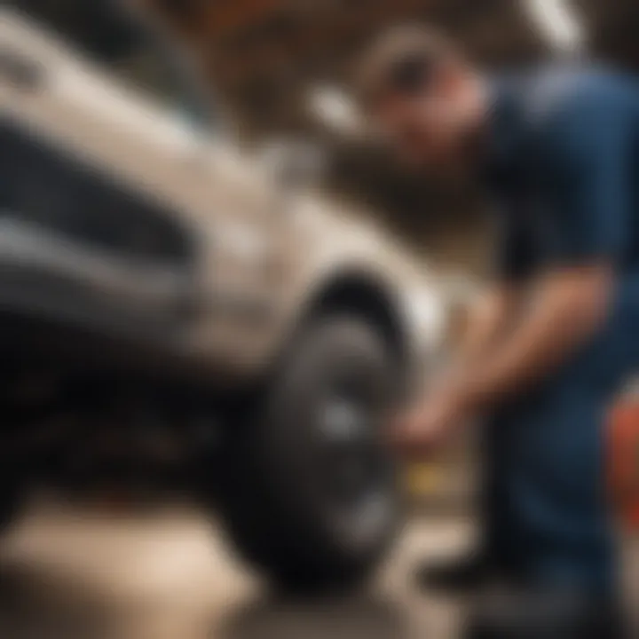 Mechanic examining a vehicle's rear differential for leaks.