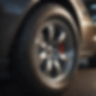 Close-up of a tire with a shiny finish reflecting sunlight.