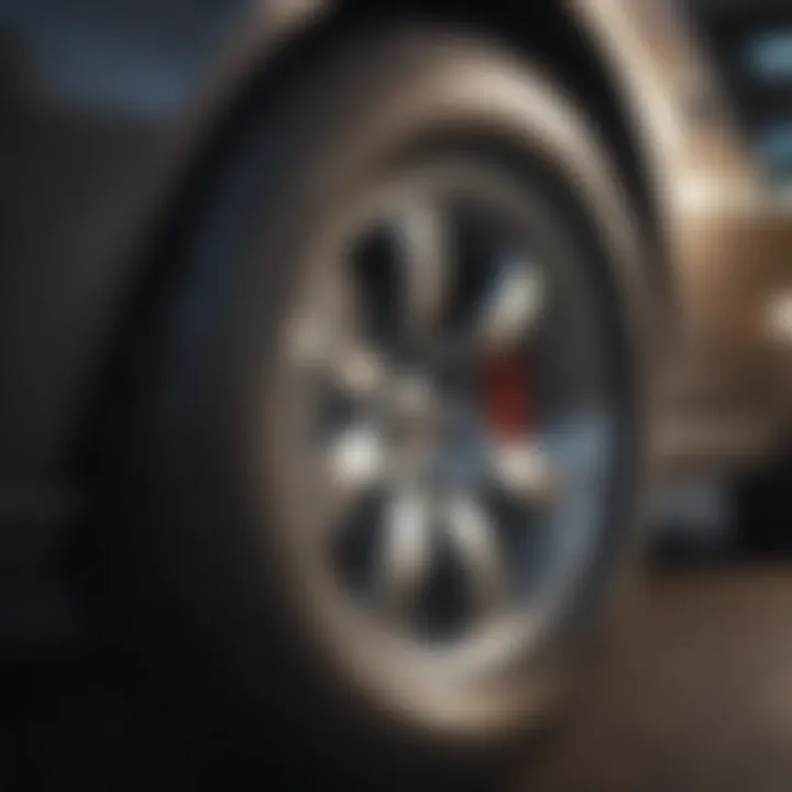 Close-up of a tire with a shiny finish reflecting sunlight.