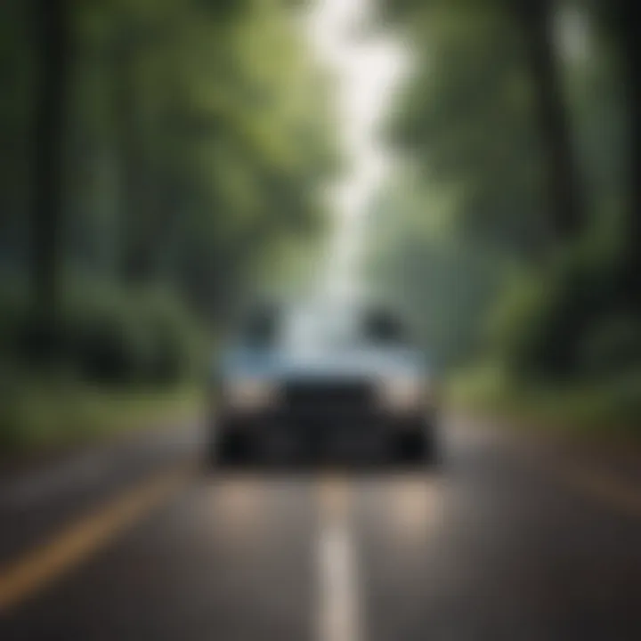 A serene landscape with a vehicle parked on a road, emphasizing environmental harmony.