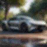A stunning luxury car parked in a serene setting, showcasing its intricate design and craftsmanship.