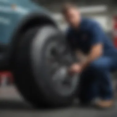 A tire technician inspecting a 31-inch tire for wear and maintenance