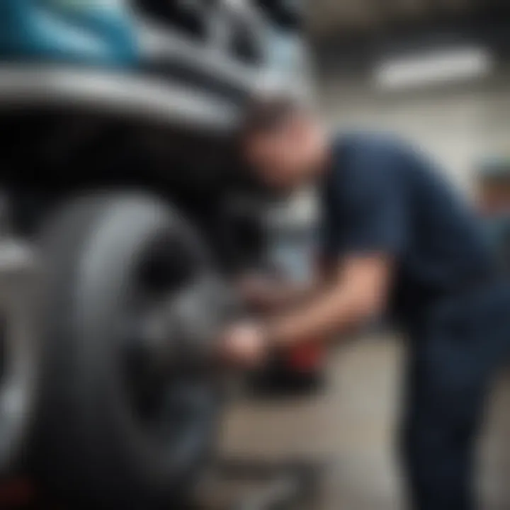 A mechanic inspecting a used truck engine