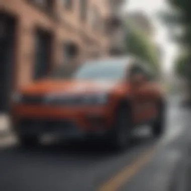 Volkswagen Tiguan PHEV driving through an urban landscape