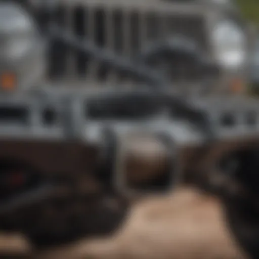 Close-up view of a Warn winch mounted on a Jeep JK