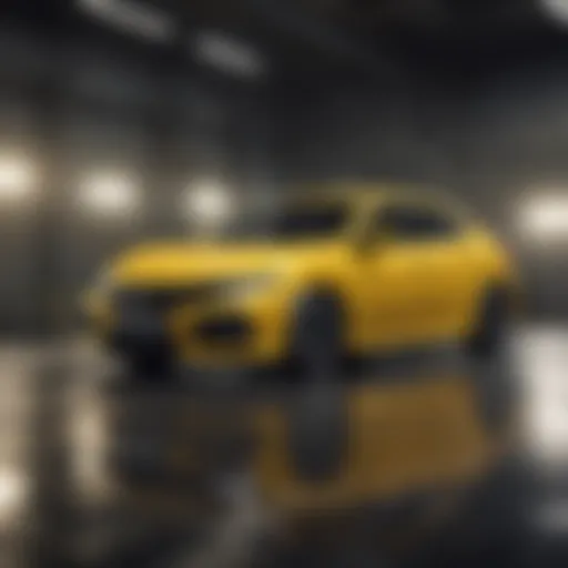 Front view of the yellow Honda Civic hatchback showcasing its sleek design