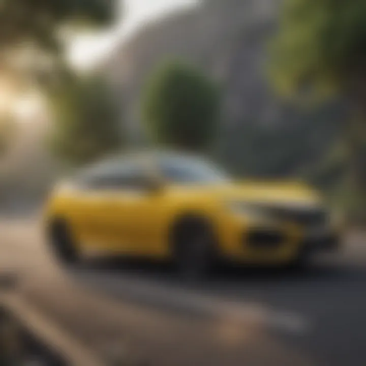 Yellow Honda Civic hatchback on a scenic road demonstrating performance