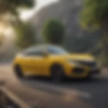 Performance of the Yellow Honda Civic Hatchback Yellow Honda Civic hatchback on a scenic road demonstrating performance